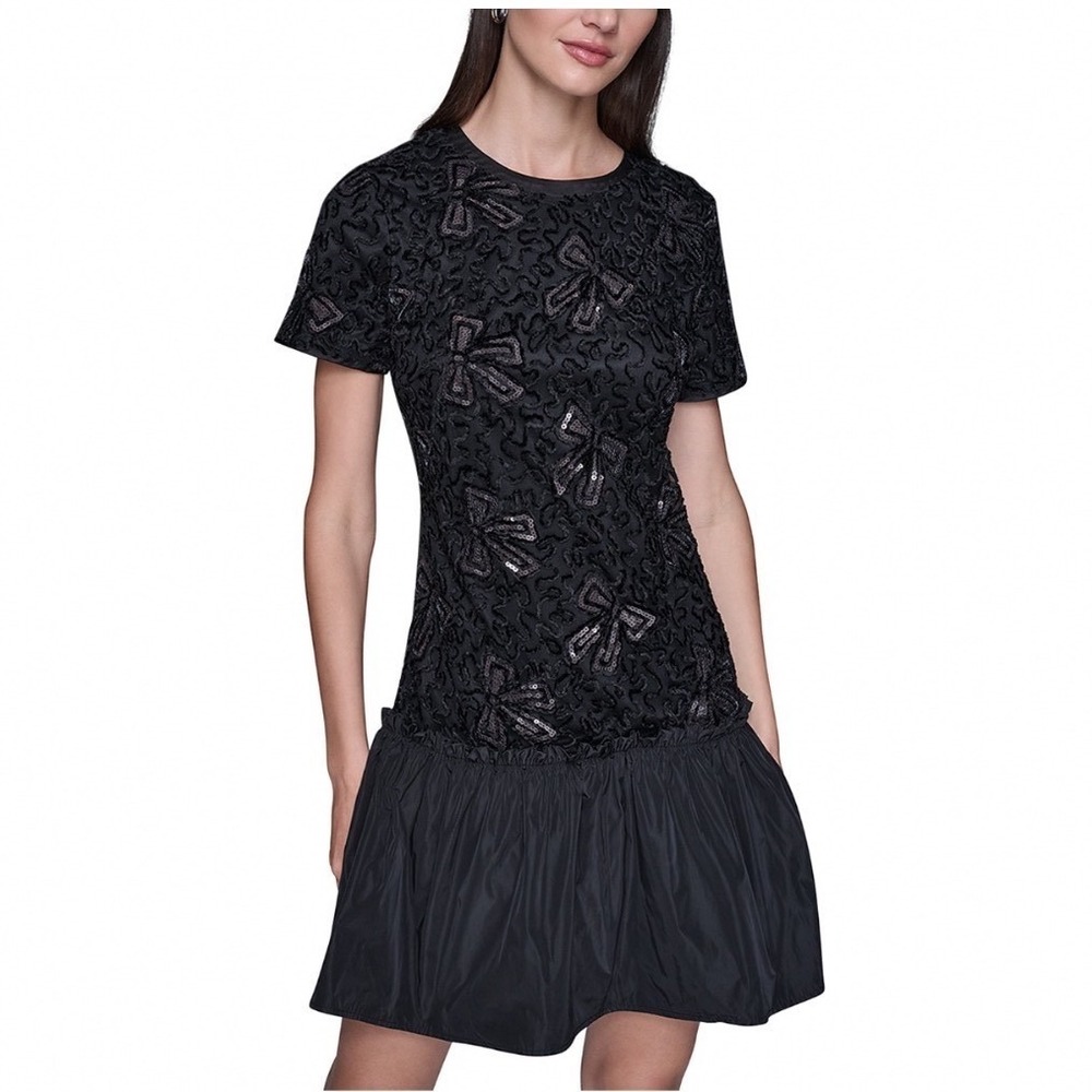 Karl Lagerfeld Paris Black Sequin Bow Drop Waist Mini‎ Dress NWT 2